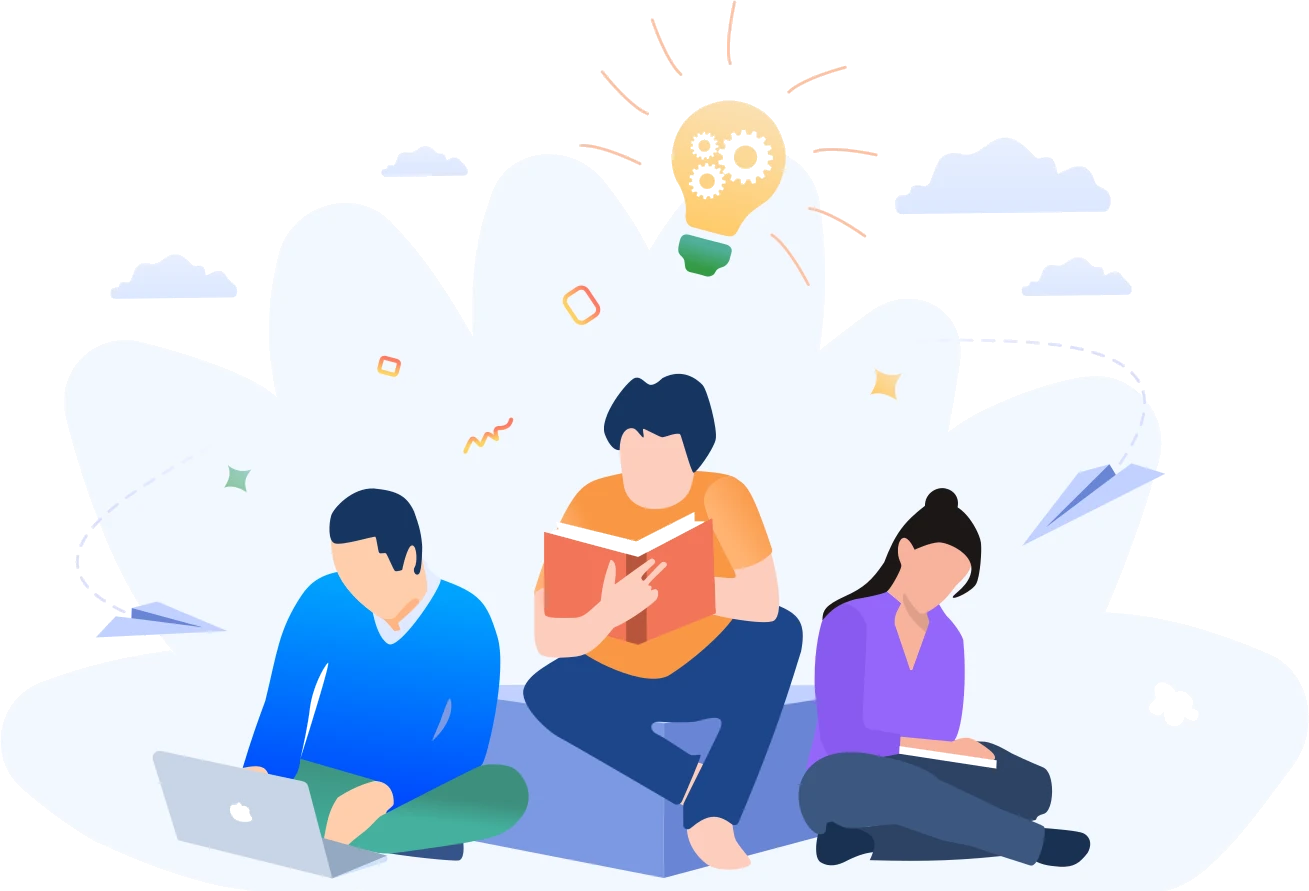 A group of people sitting on the ground with laptops and books